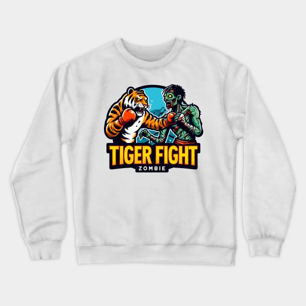 Tiger vs Zombie Fight Crewneck Sweatshirt by Rawlifegraphic